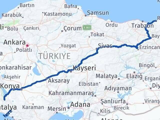 Konya Derebucak Rize Arası Kaç Km - Yol Haritası