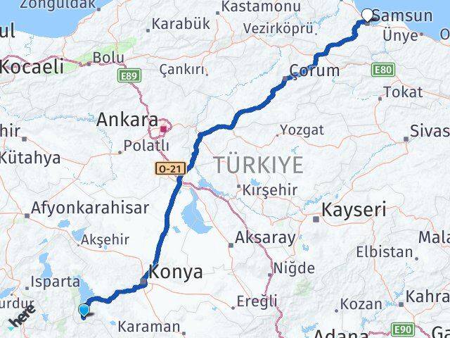 Konya Derebucak Samsun Arası Kaç Km - Yol Haritası