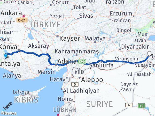 Konya Derebucak Şırnak Arası Kaç Km - Yol Haritası