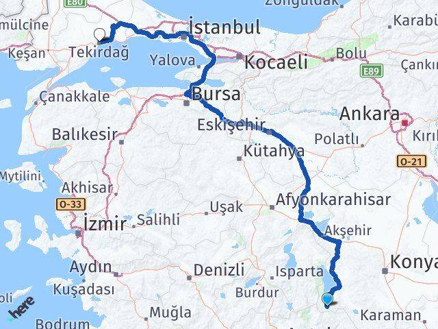 Konya Derebucak Tekirdağ Arası Kaç Km - Yol Haritası