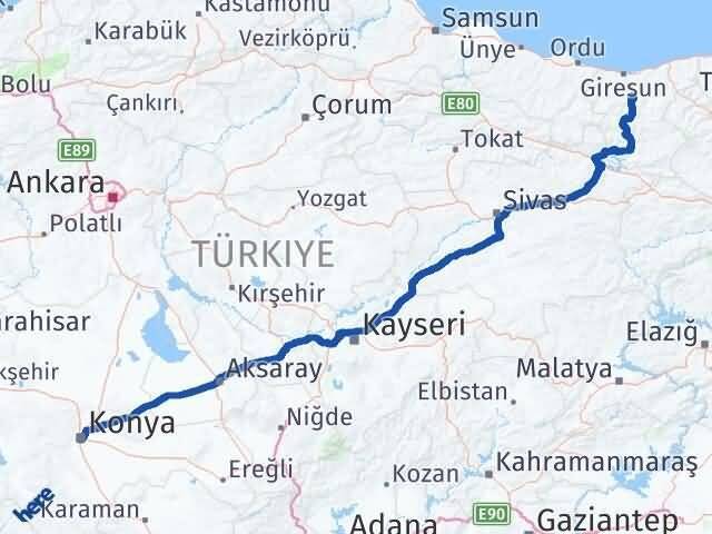 Konya Dereli Giresun Arası Kaç Km - Yol Haritası