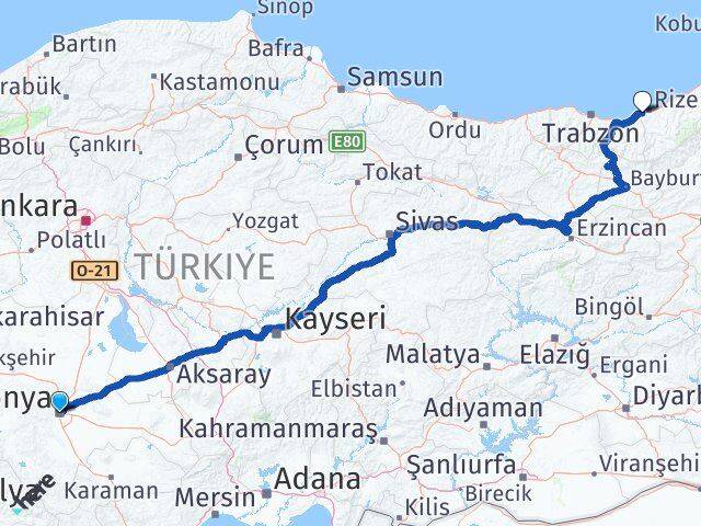 Konya Derepazarı Rize Arası Kaç Km - Yol Haritası