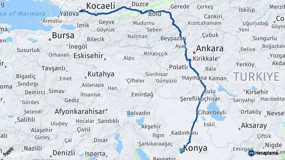Konya Derince Kocaeli Arası Kaç Km - Yol Haritası