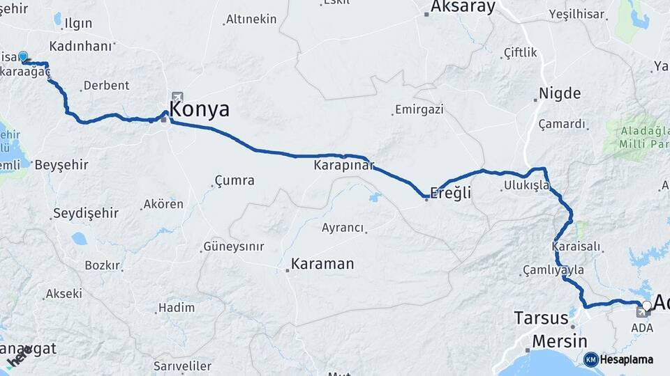 Konya Doğanhisar Adana Arası Kaç Km - Yol Haritası