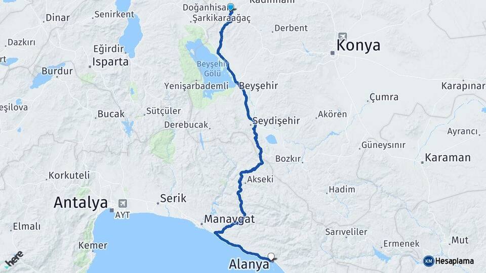 Konya Doğanhisar Alanya Antalya Arası Kaç Km - Yol Haritası
