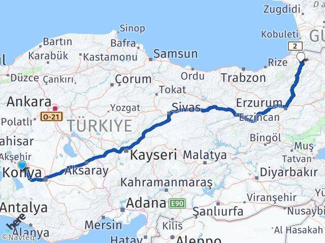 Konya Doğanhisar Artvin Arası Kaç Km - Yol Haritası