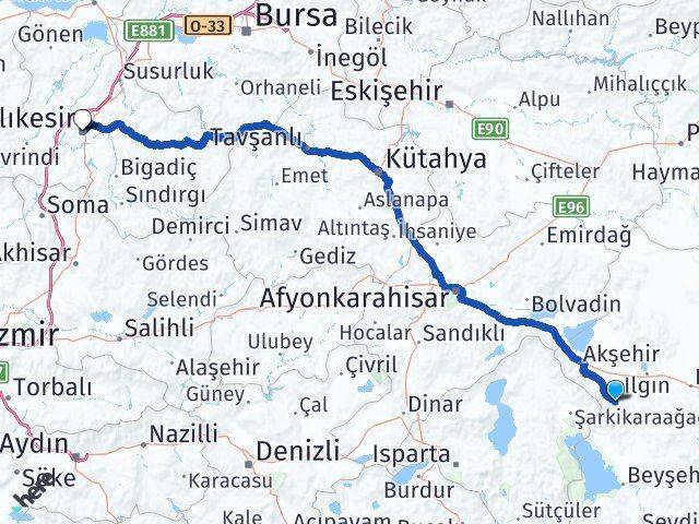 Konya Doğanhisar Balıkesir Arası Kaç Km - Yol Haritası