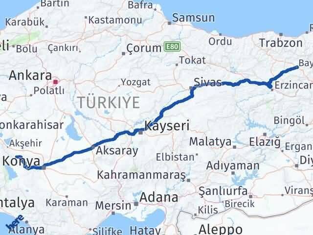 Konya Doğanhisar Bayburt Arası Kaç Km - Yol Haritası