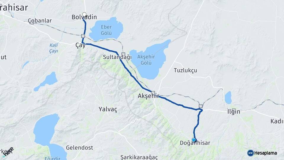 Konya Doğanhisar Bolvadin Afyonkarahisar Arası Kaç Km - Yol Haritası