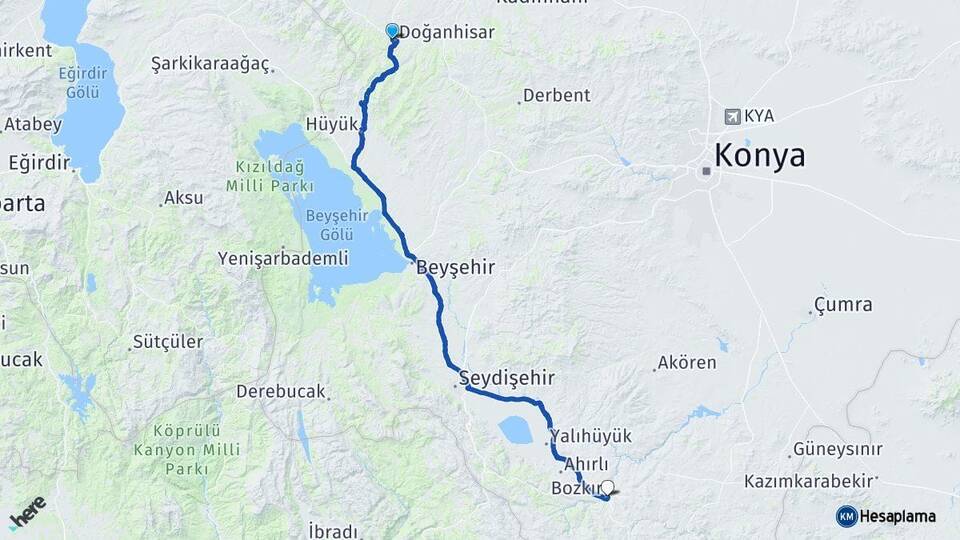 Konya Doğanhisar Bozkır Arası Kaç Km - Yol Haritası