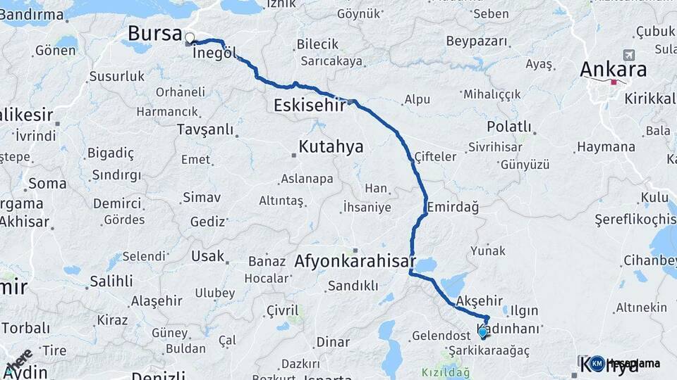 Konya Doğanhisar Bursa Arası Kaç Km - Yol Haritası