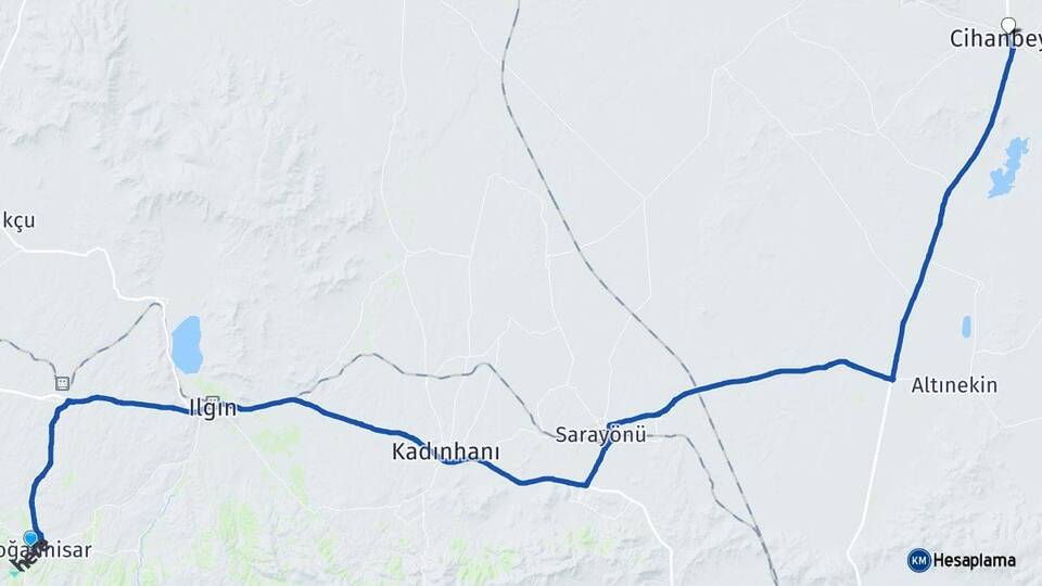 Konya Doğanhisar Cihanbeyli Arası Kaç Km - Yol Haritası