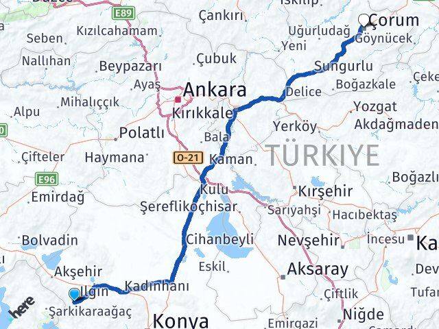 Konya Doğanhisar Çorum Arası Kaç Km - Yol Haritası