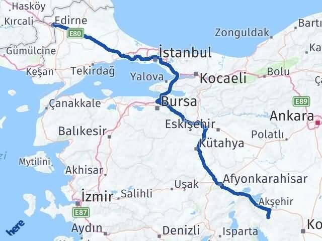 Konya Doğanhisar Edirne Arası Kaç Km - Yol Haritası