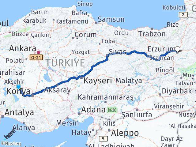 Konya Doğanhisar Erzurum Arası Kaç Km - Yol Haritası