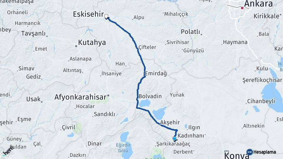 Konya Doğanhisar Eskişehir Arası Kaç Km - Yol Haritası