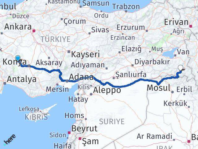 Konya Doğanhisar Hakkari Arası Kaç Km - Yol Haritası