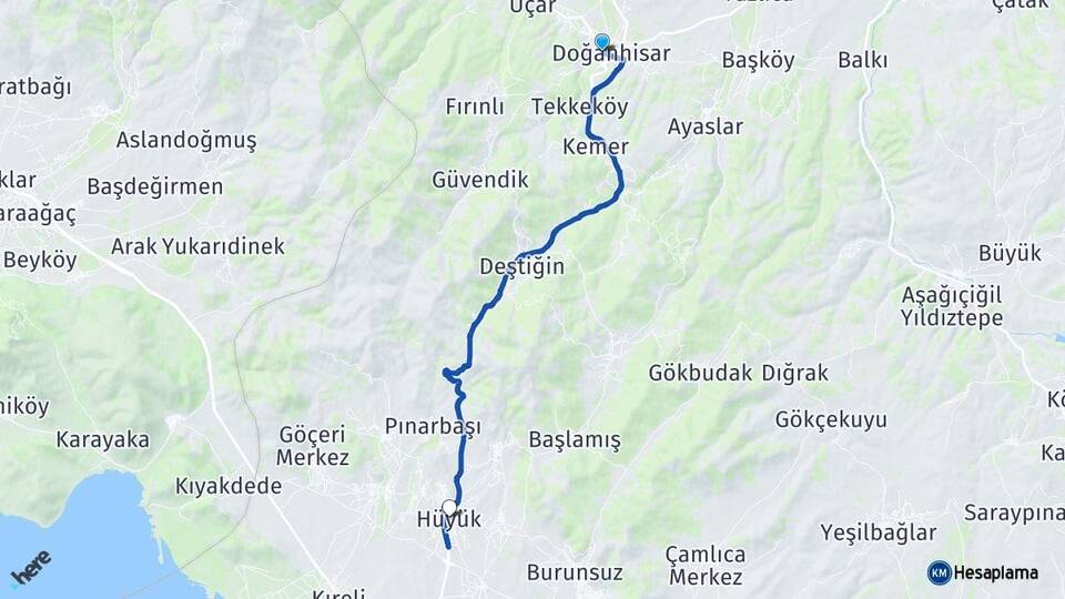 Konya Doğanhisar Hüyük Arası Kaç Km - Yol Haritası