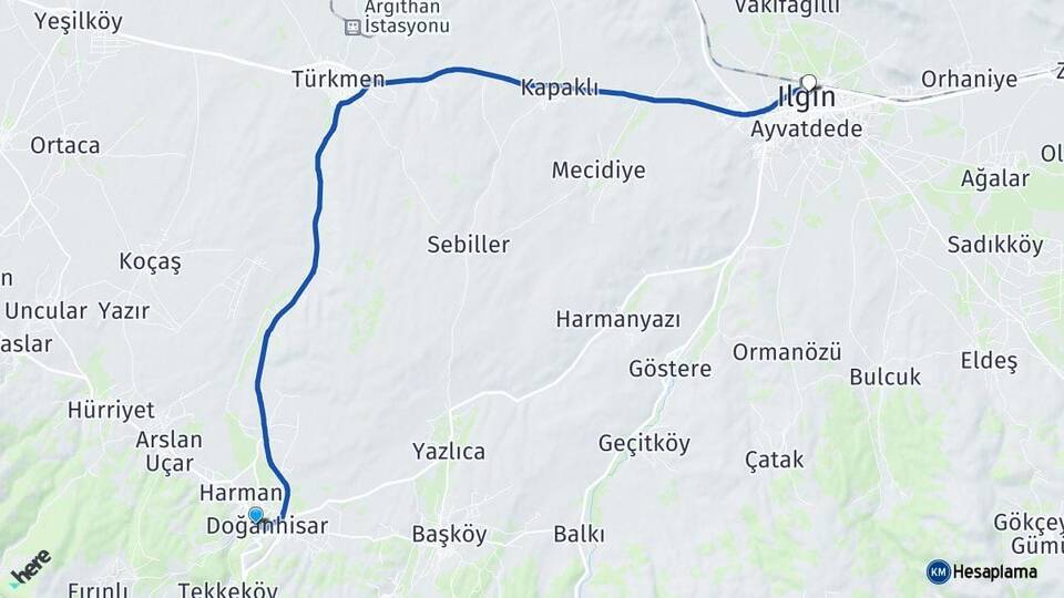 Konya Doğanhisar Ilgın Arası Kaç Km - Yol Haritası