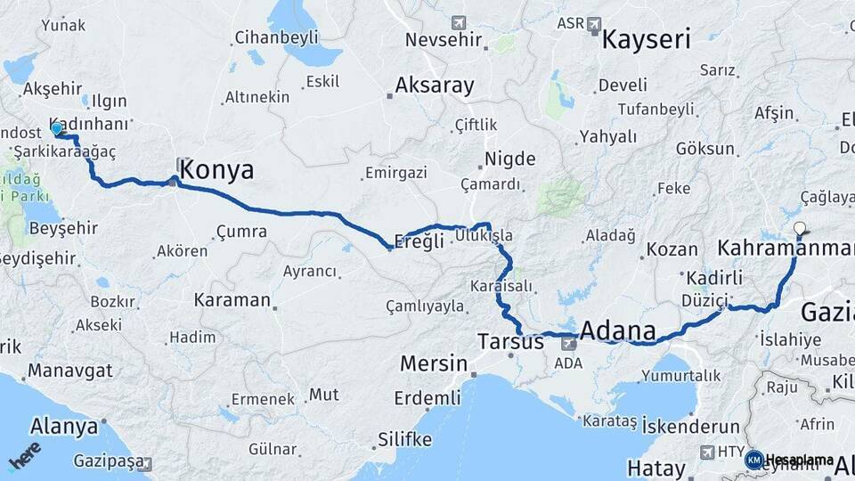 Konya Doğanhisar Kahramanmaraş Arası Kaç Km - Yol Haritası