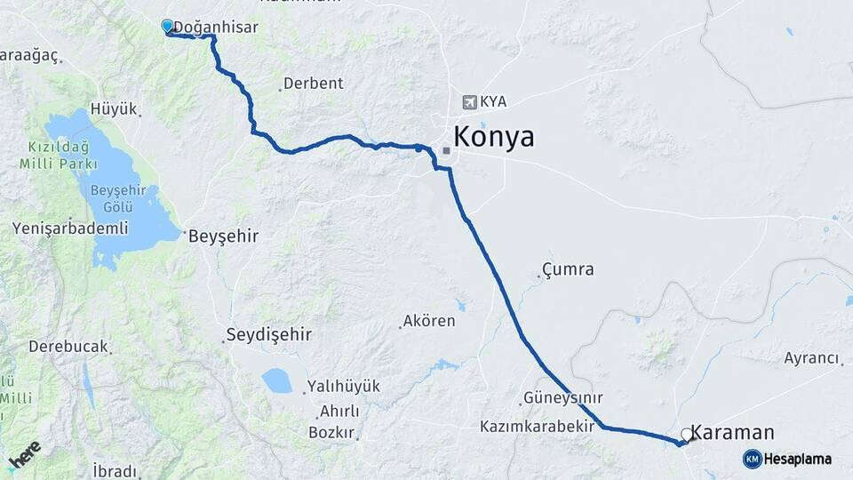 Konya Doğanhisar Karaman Arası Kaç Km - Yol Haritası