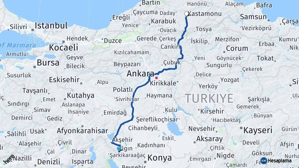 Konya Doğanhisar Kastamonu Arası Kaç Km - Yol Haritası