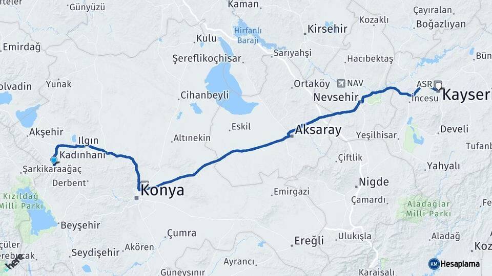 Konya Doğanhisar Kayseri Arası Kaç Km - Yol Haritası