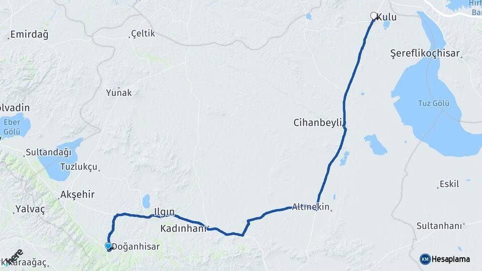 Konya Doğanhisar Kulu Arası Kaç Km - Yol Haritası