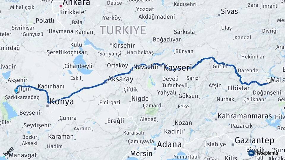 Konya Doğanhisar Malatya Arası Kaç Km - Yol Haritası
