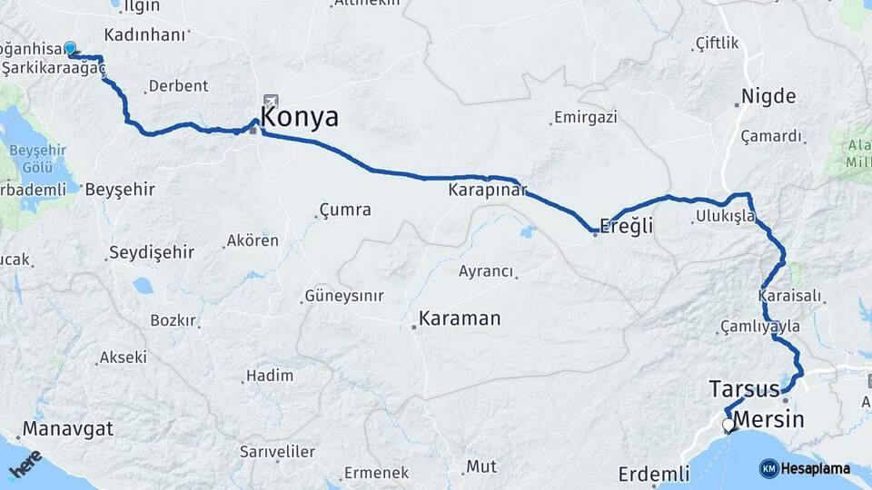 Konya Doğanhisar Mersin Arası Kaç Km - Yol Haritası