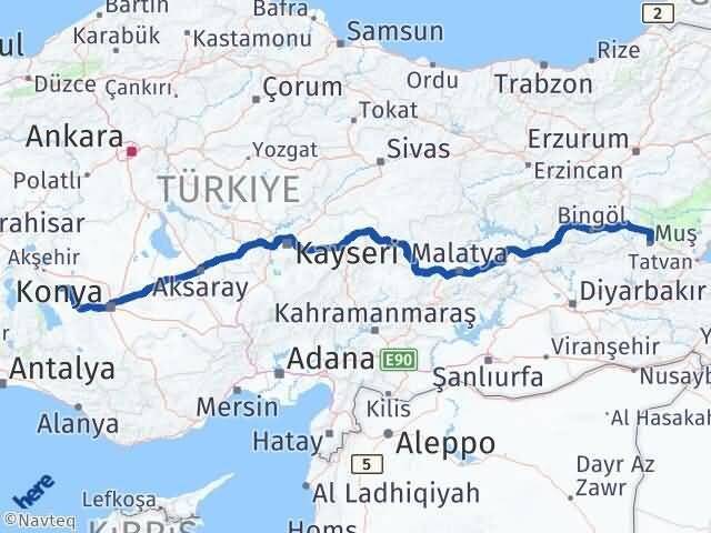 Konya Doğanhisar Muş Arası Kaç Km - Yol Haritası