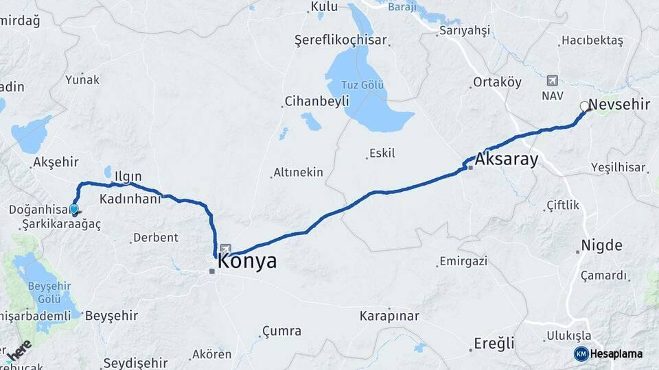 Konya Doğanhisar Nevşehir Arası Kaç Km - Yol Haritası
