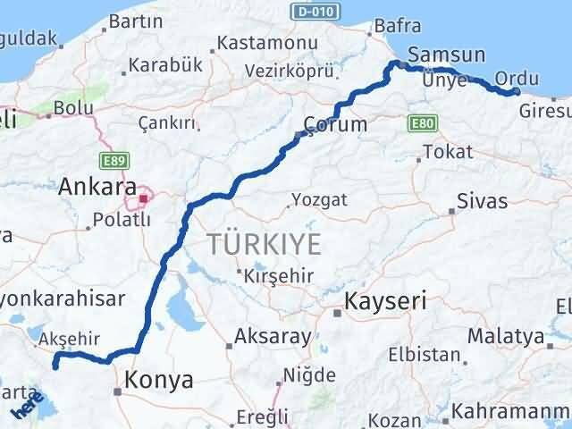 Konya Doğanhisar Ordu Arası Kaç Km - Yol Haritası