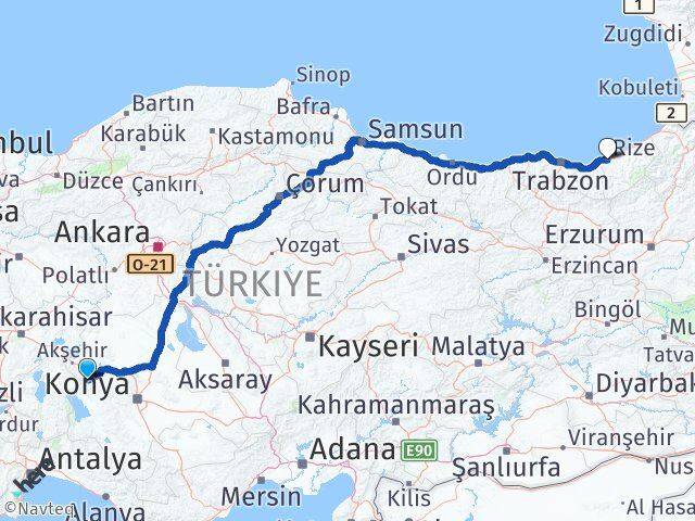 Konya Doğanhisar Rize Arası Kaç Km - Yol Haritası