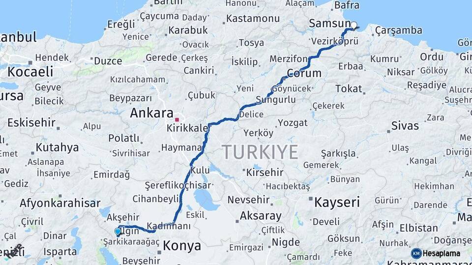Konya Doğanhisar Samsun Arası Kaç Km - Yol Haritası