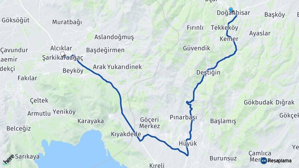 Konya Doğanhisar Şarkikaraağaç Isparta Arası Kaç Km - Yol Haritası