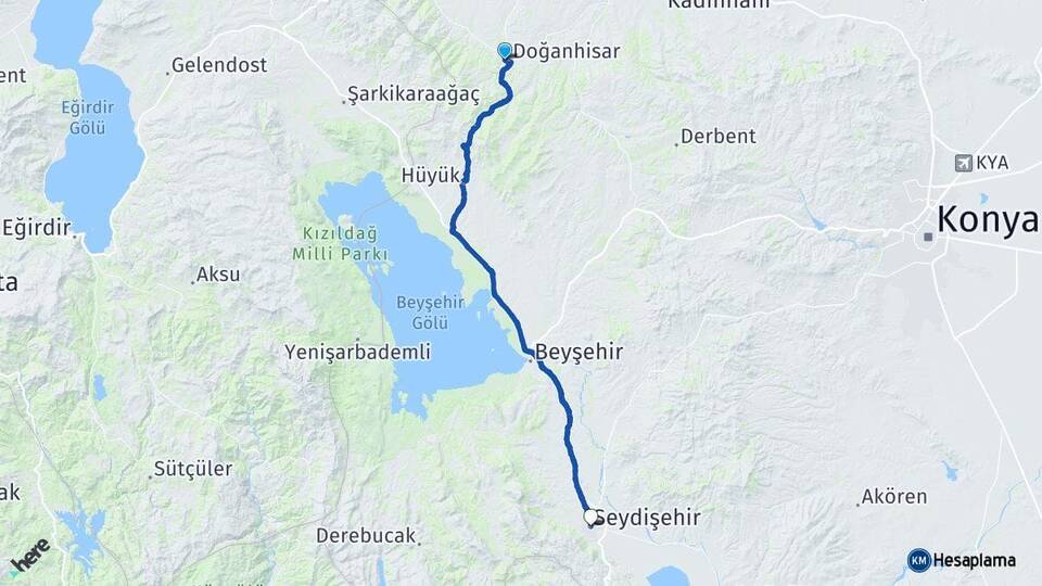 Konya Doğanhisar Seydişehir Arası Kaç Km - Yol Haritası