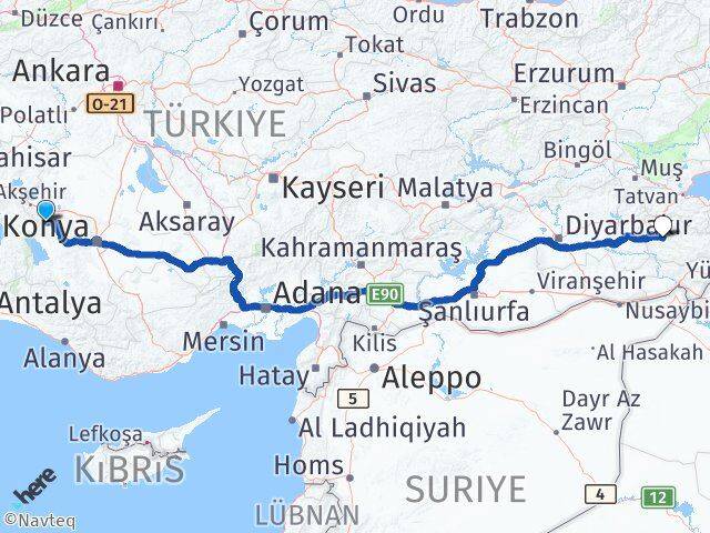 Konya Doğanhisar Siirt Arası Kaç Km - Yol Haritası