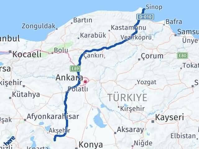Konya Doğanhisar Sinop Arası Kaç Km - Yol Haritası