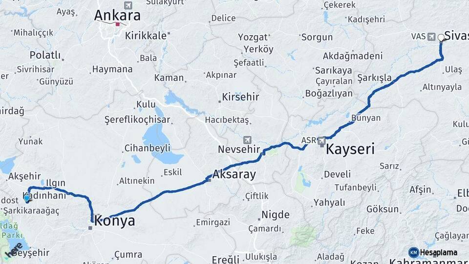 Konya Doğanhisar Sivas Arası Kaç Km - Yol Haritası