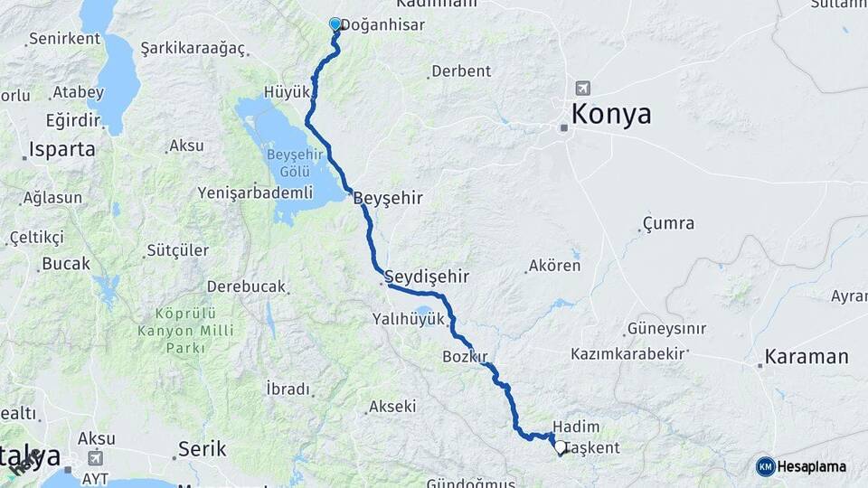 Konya Doğanhisar Taşkent Arası Kaç Km - Yol Haritası