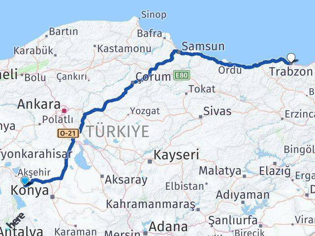 Konya Doğanhisar Trabzon Arası Kaç Km - Yol Haritası