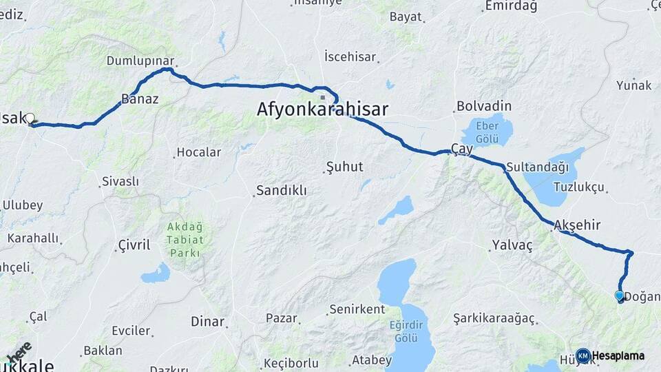 Konya Doğanhisar Uşak Arası Kaç Km - Yol Haritası