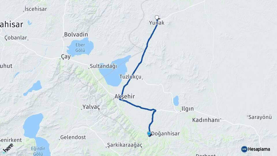 Konya Doğanhisar Yunak Arası Kaç Km - Yol Haritası