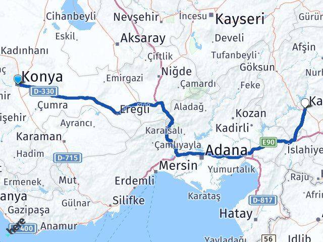 Konya Dulkadiroğlu Kahramanmaraş Arası Kaç Km - Yol Haritası