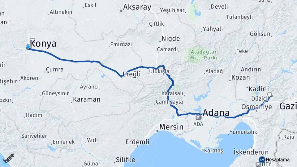 Konya Düziçi Osmaniye Arası Kaç Km - Yol Haritası