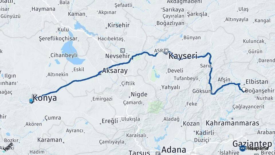 Konya Ekinözü Kahramanmaraş Arası Kaç Km - Yol Haritası