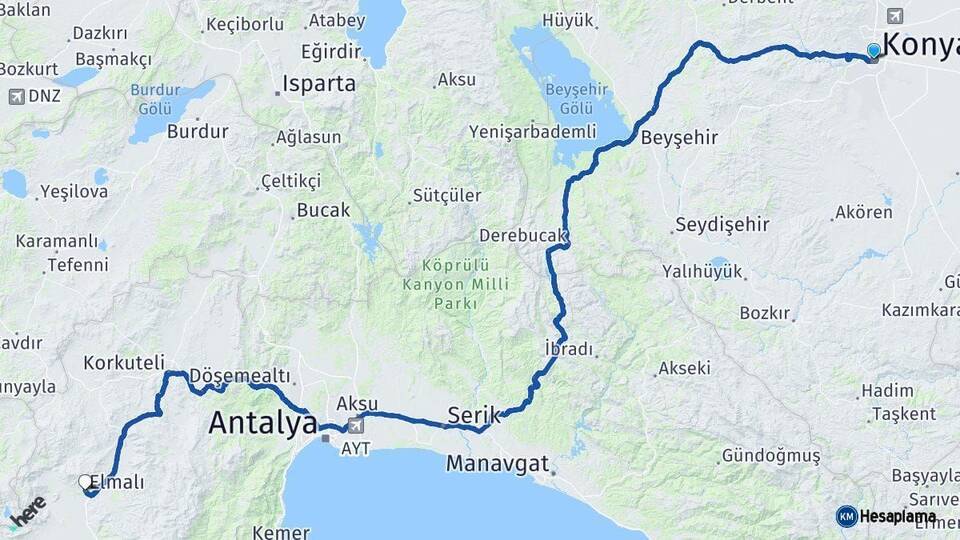 Konya Elmalı Antalya Arası Kaç Km - Yol Haritası