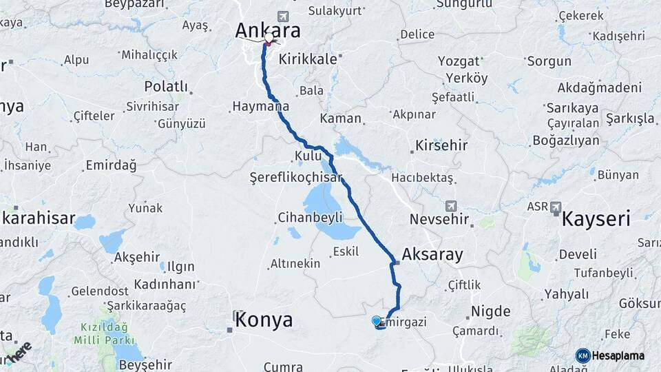 Konya Emirgazi Ankara Arası Kaç Km - Yol Haritası