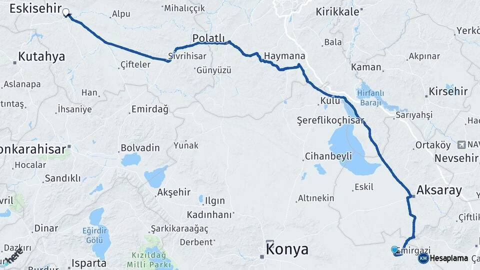 Konya Emirgazi Eskişehir Arası Kaç Km - Yol Haritası